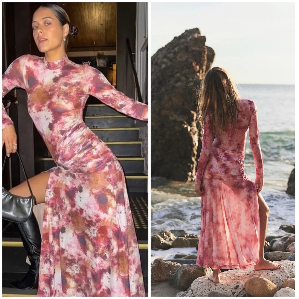 Bardot Pink Multi Tie-Dye Long Sleeve Sheet Midi Dress - Size 6/M